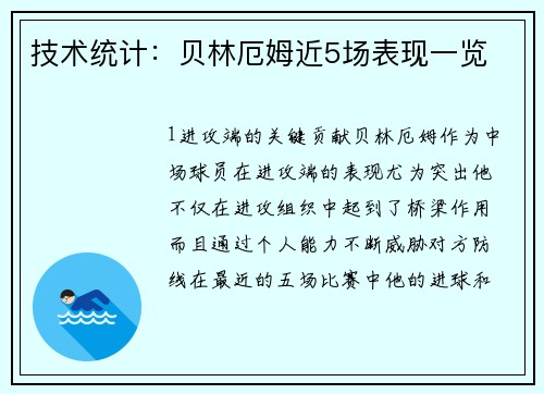 技术统计：贝林厄姆近5场表现一览